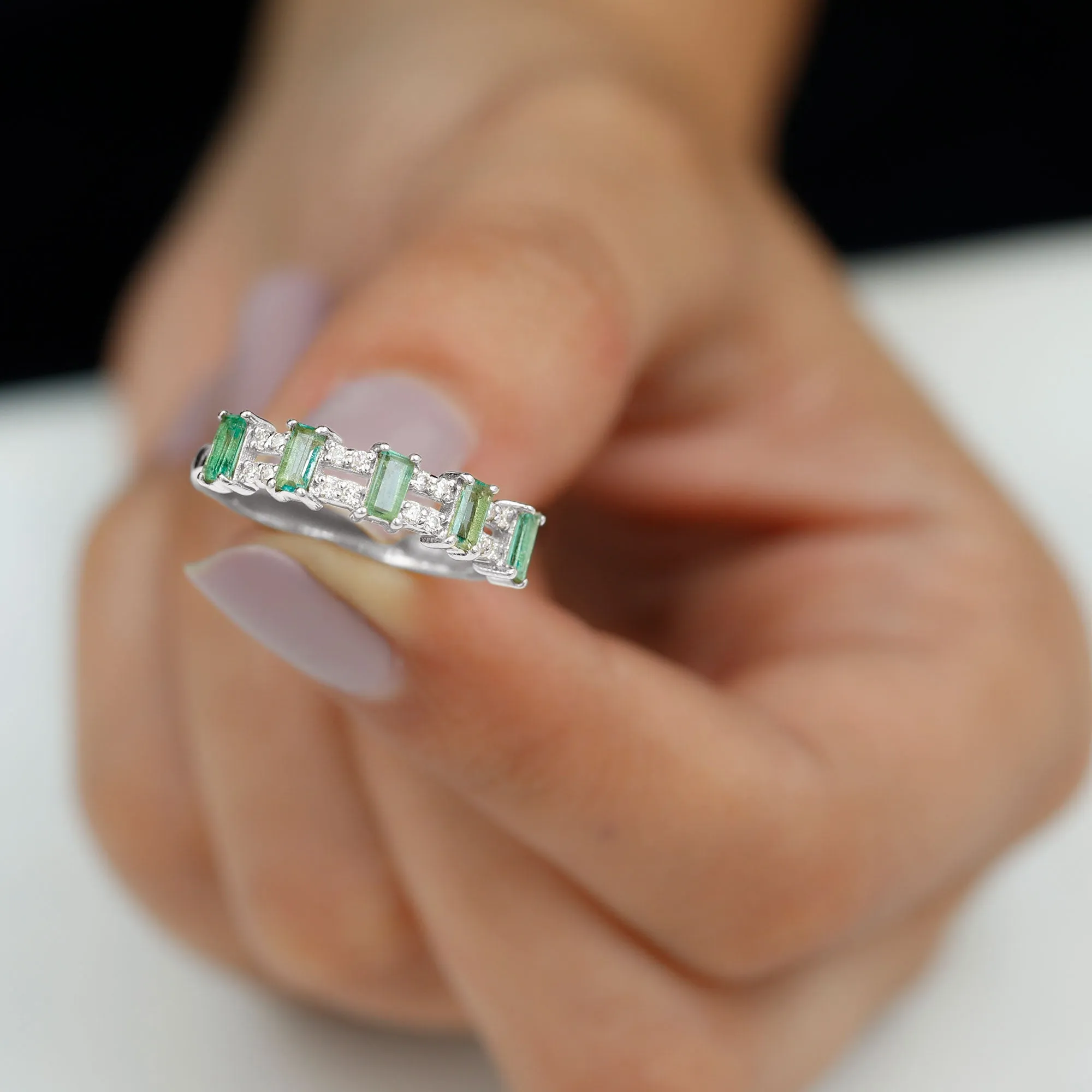 Wide Half Eternity Band Ring with Emerald and Diamond