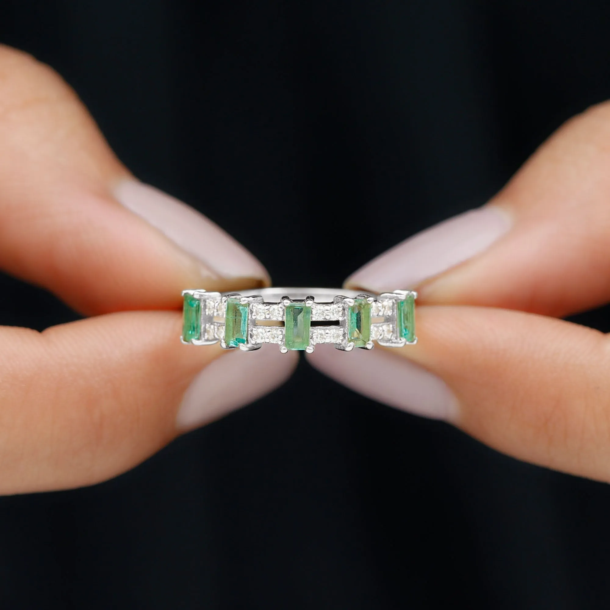 Wide Half Eternity Band Ring with Emerald and Diamond