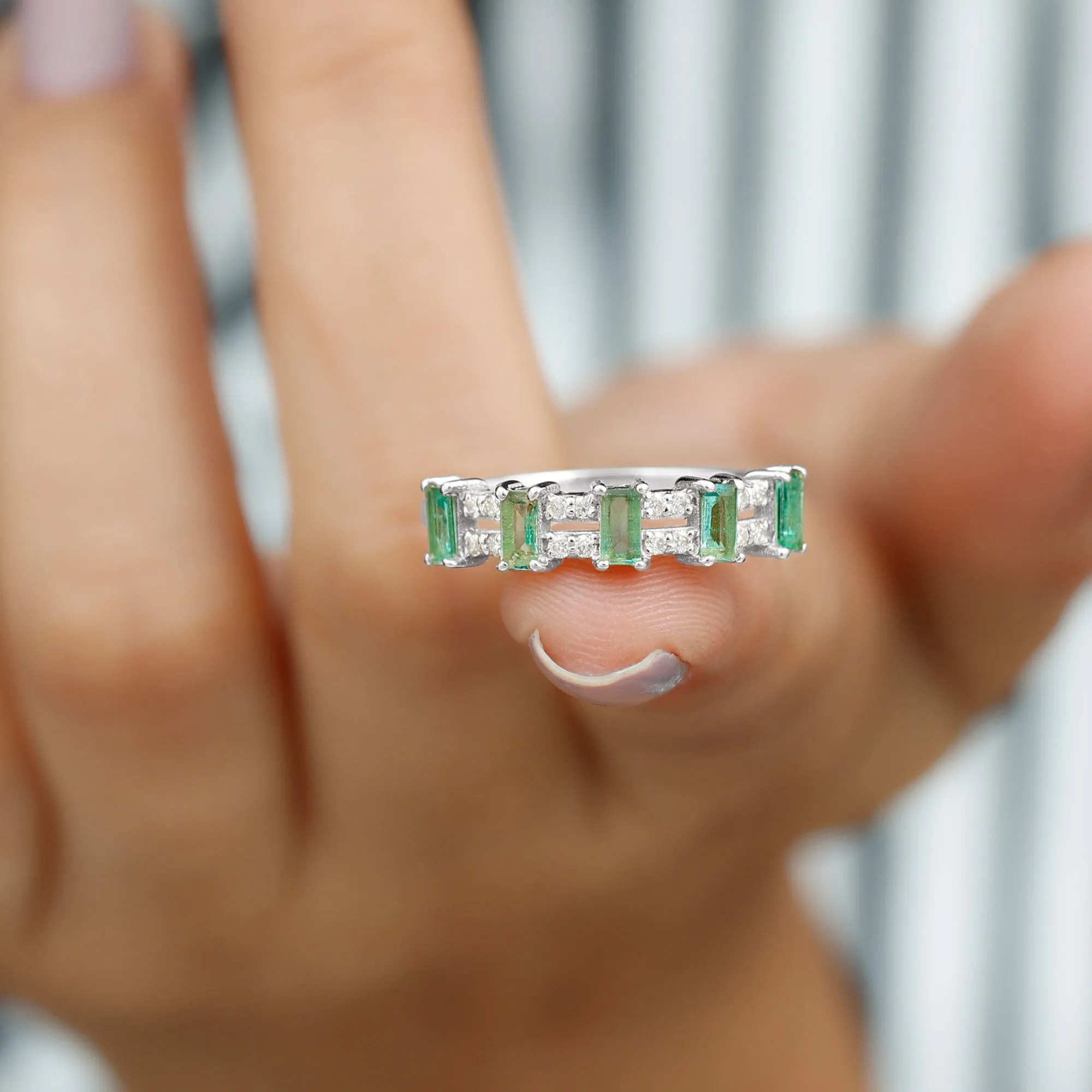 Wide Half Eternity Band Ring with Emerald and Diamond