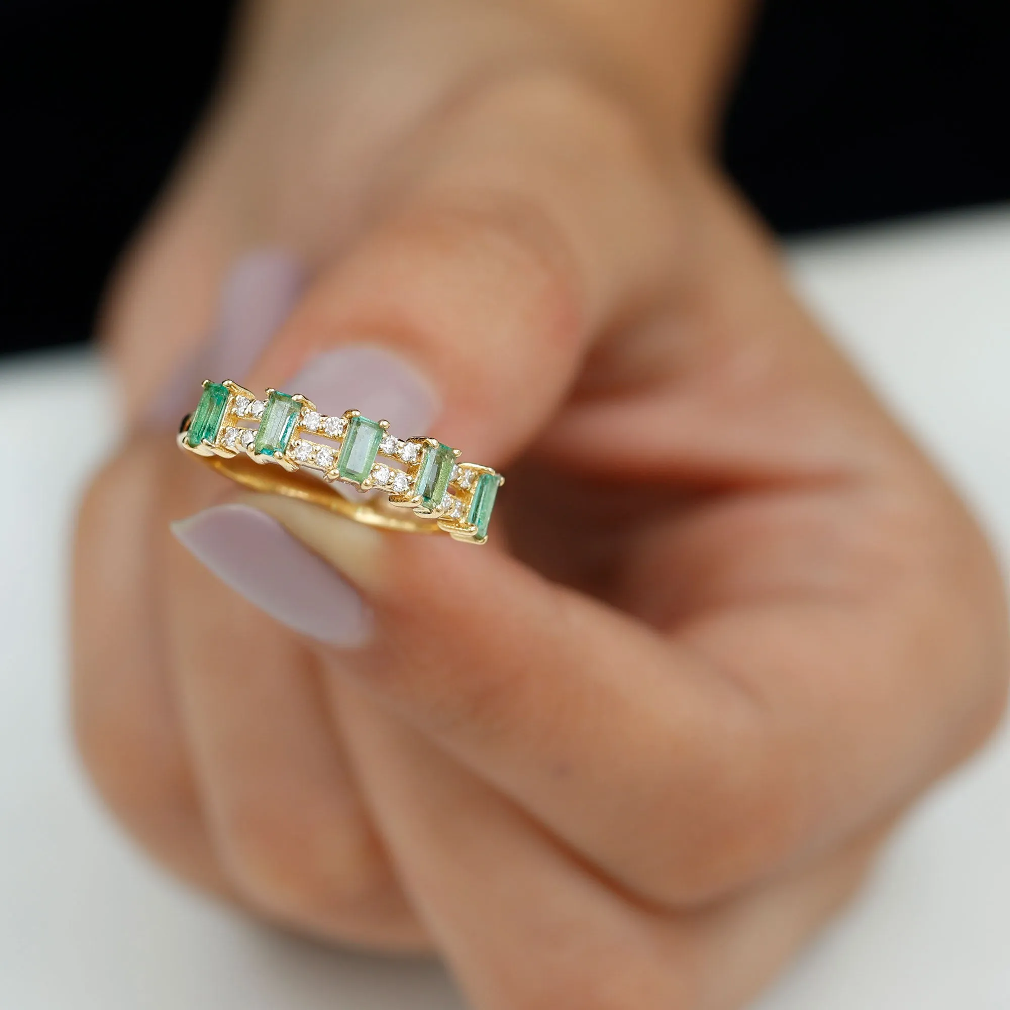Wide Half Eternity Band Ring with Emerald and Diamond