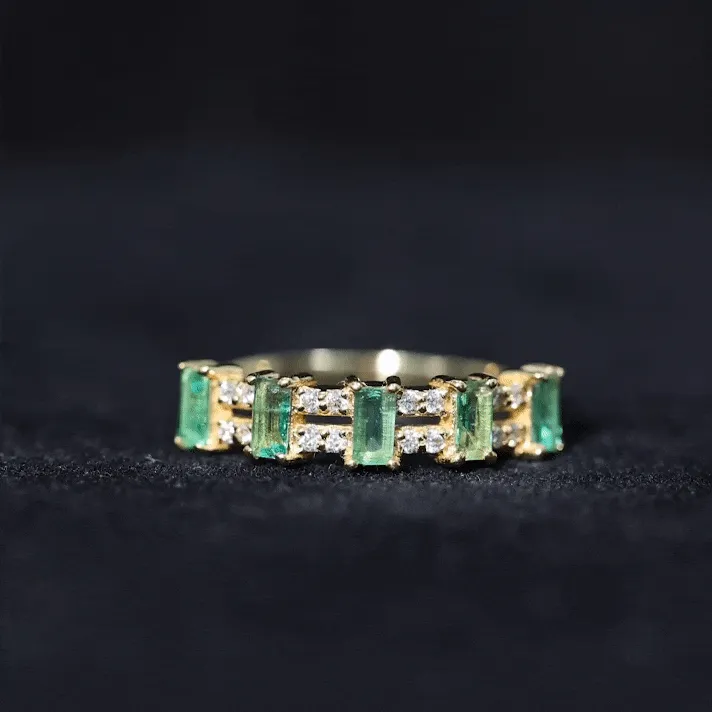 Wide Half Eternity Band Ring with Emerald and Diamond