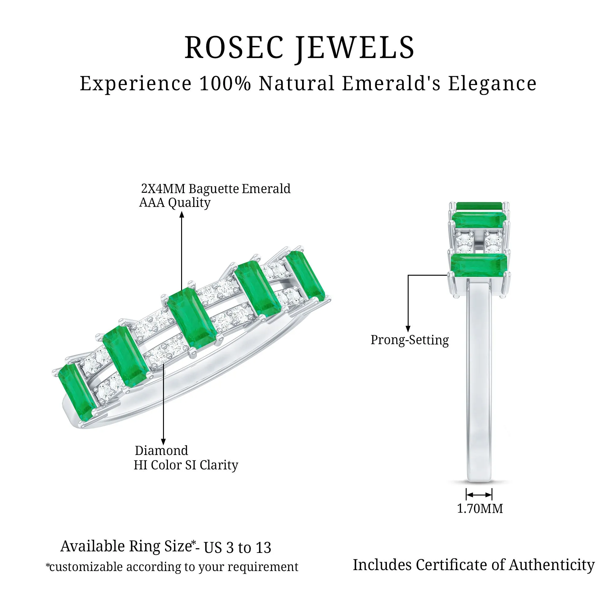 Wide Half Eternity Band Ring with Emerald and Diamond