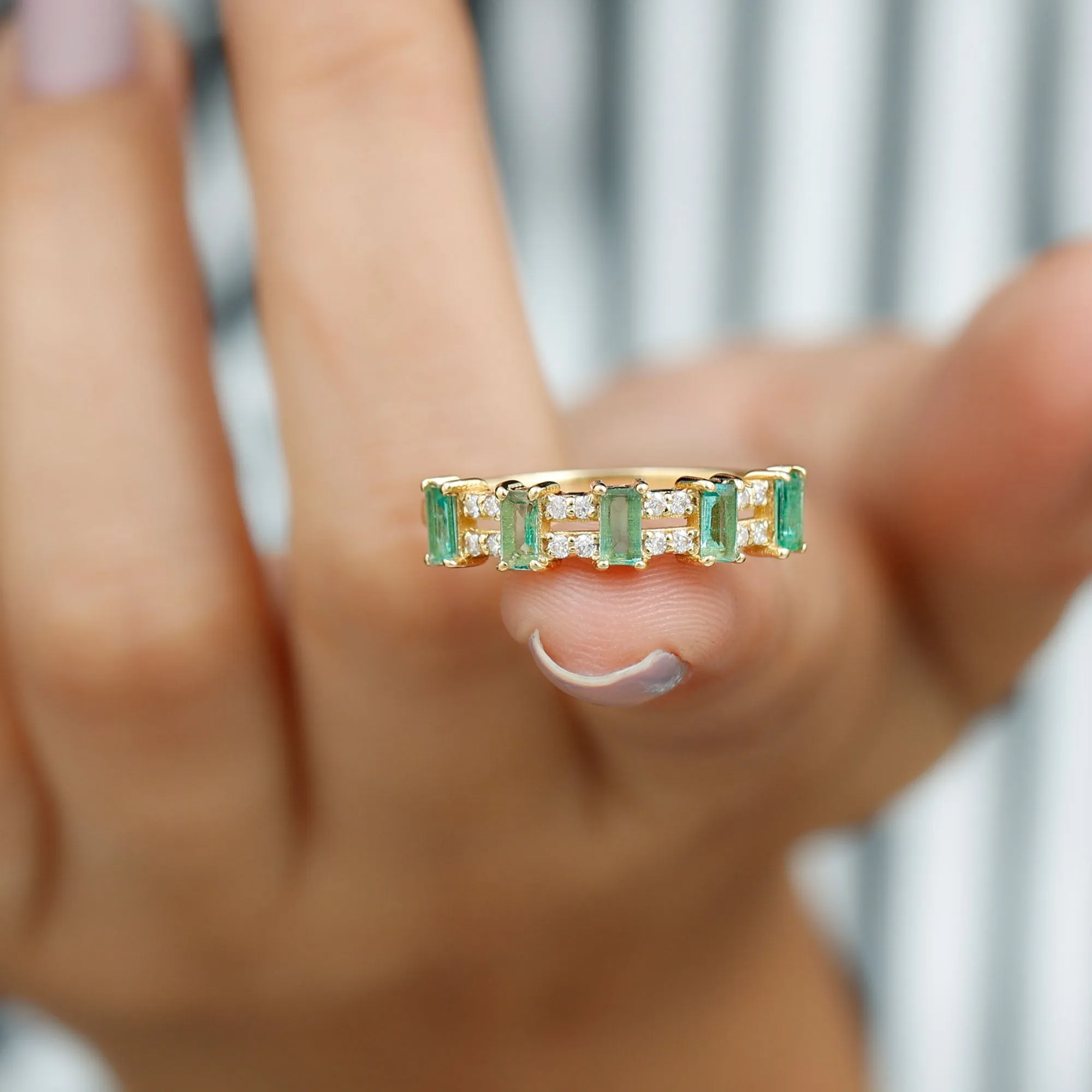 Wide Half Eternity Band Ring with Emerald and Diamond
