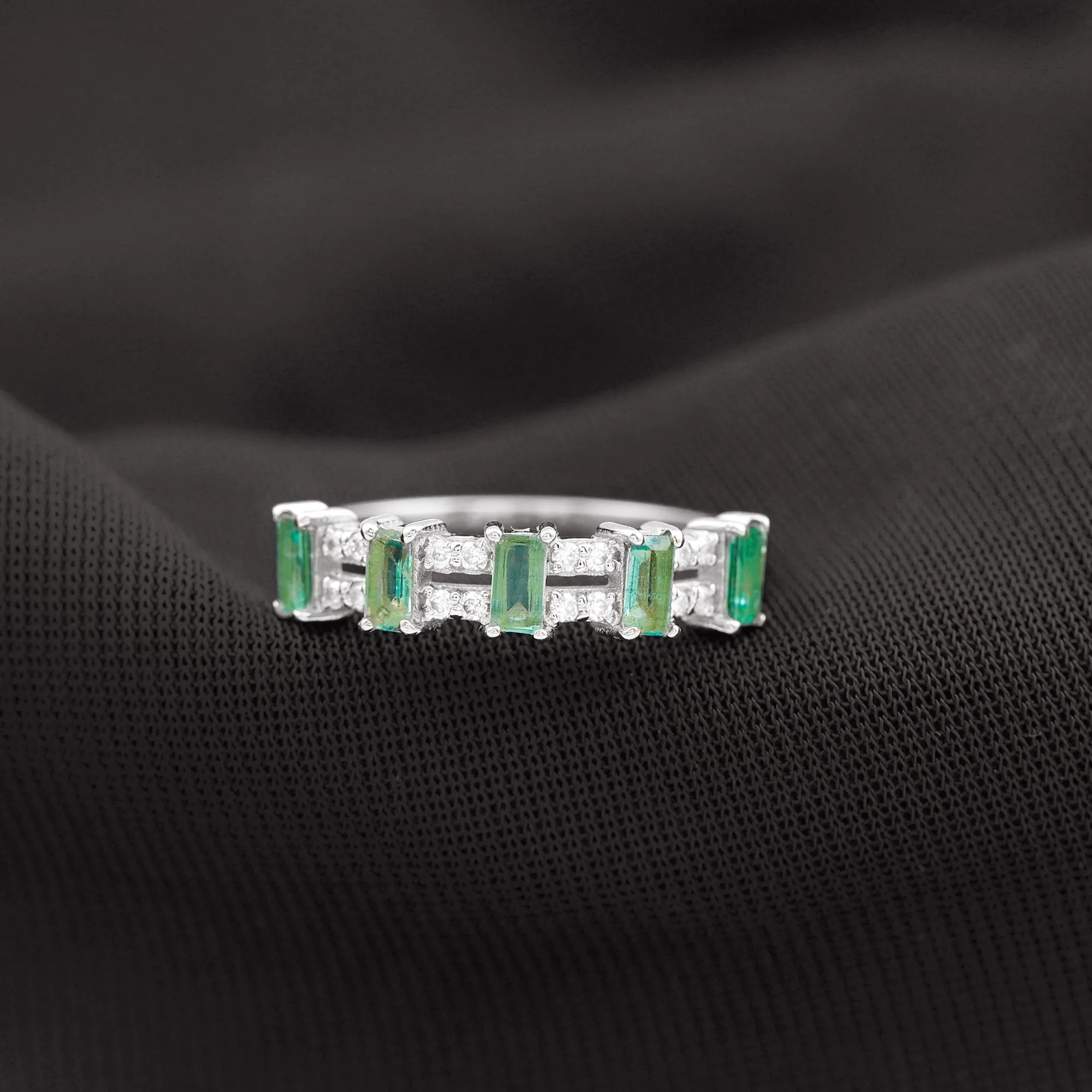 Wide Half Eternity Band Ring with Emerald and Diamond
