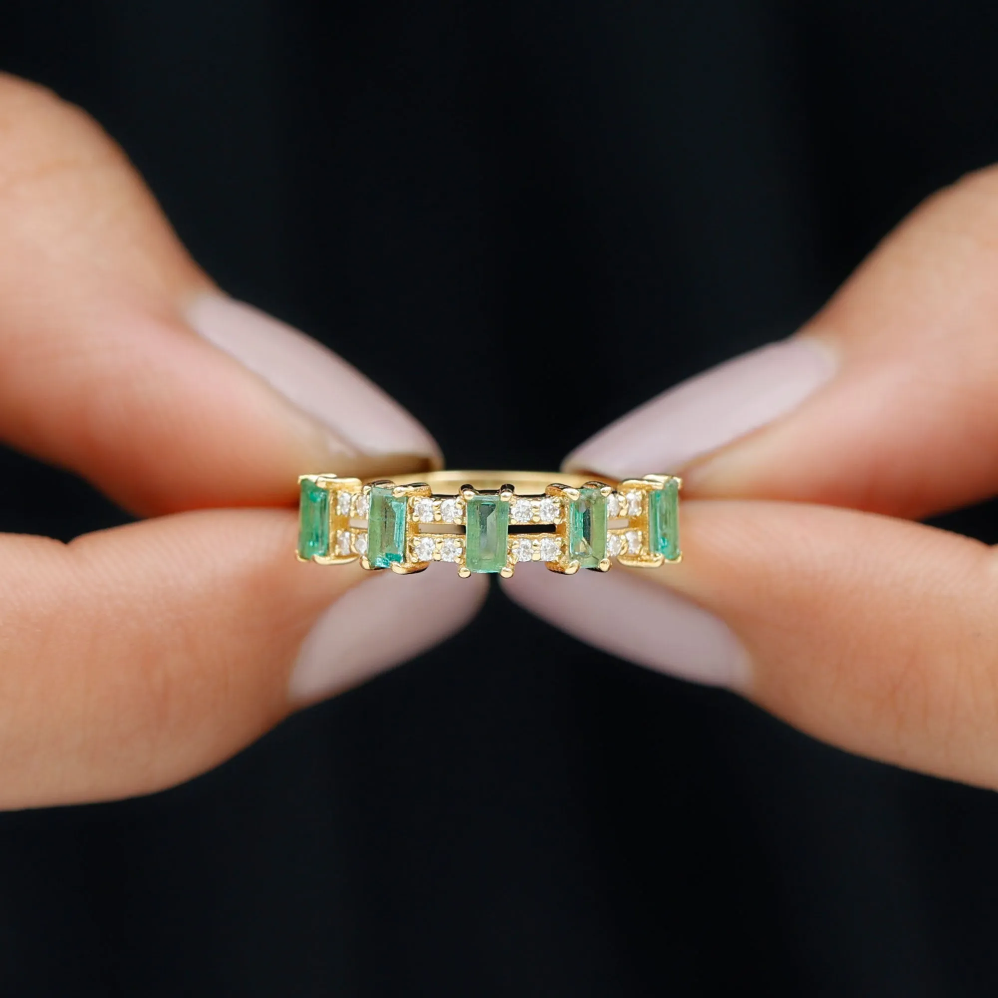 Wide Half Eternity Band Ring with Emerald and Diamond