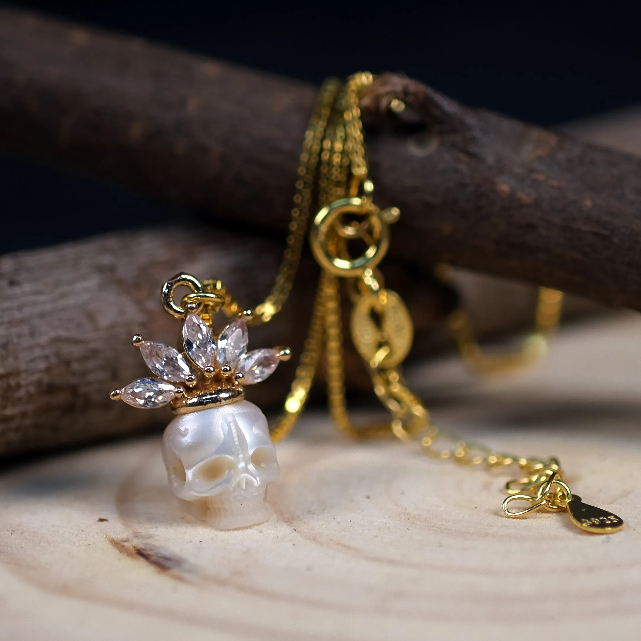Zircon Crowned Pearl Skull Necklaces