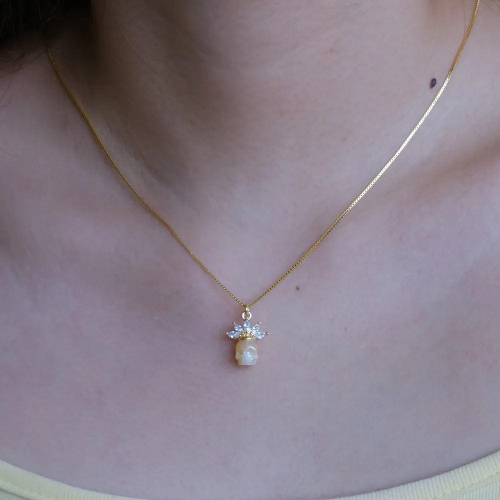 Zircon Crowned Pearl Skull Necklaces